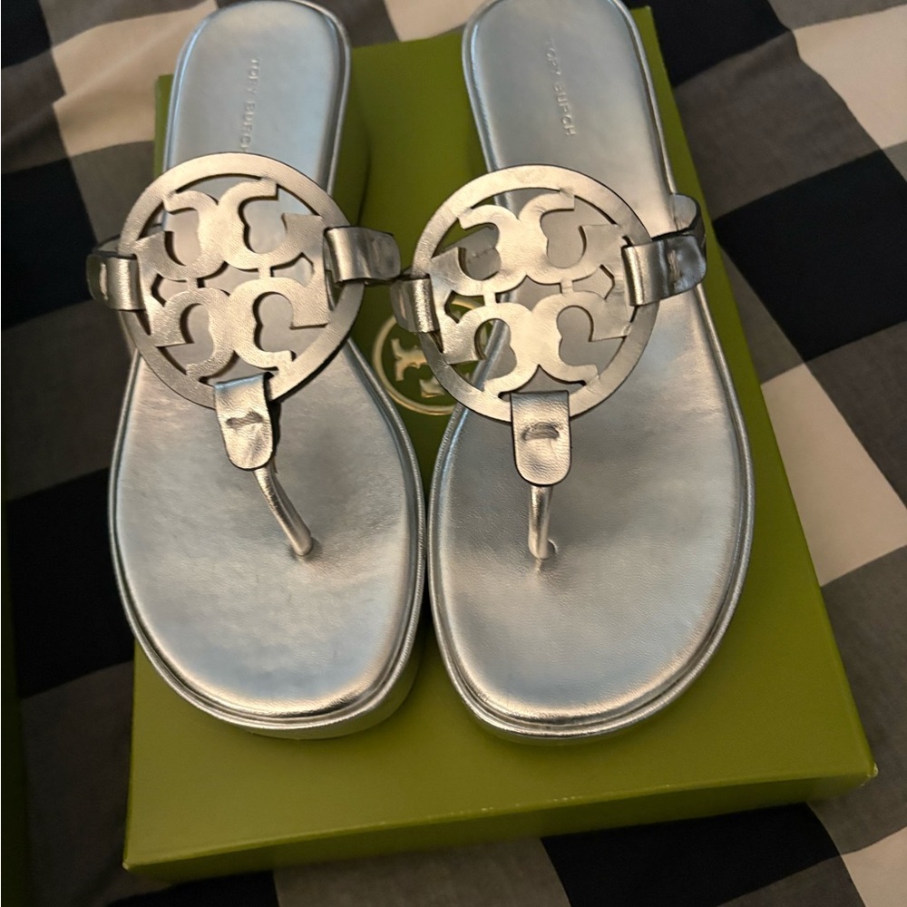 Tory Burch Miller Wedge Silver Metallic Sandals